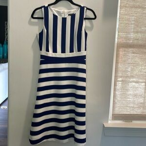 And Taylor, blue and white striped A line dress